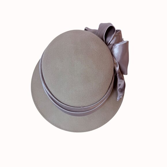 August Accessories Wool Cloche Hat Taupe Luxe Satin Sequin Beaded Bow Church - Picture 7 of 14